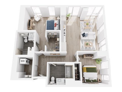A top down view of a small apartment with a kitchen, living room, and bathroom.